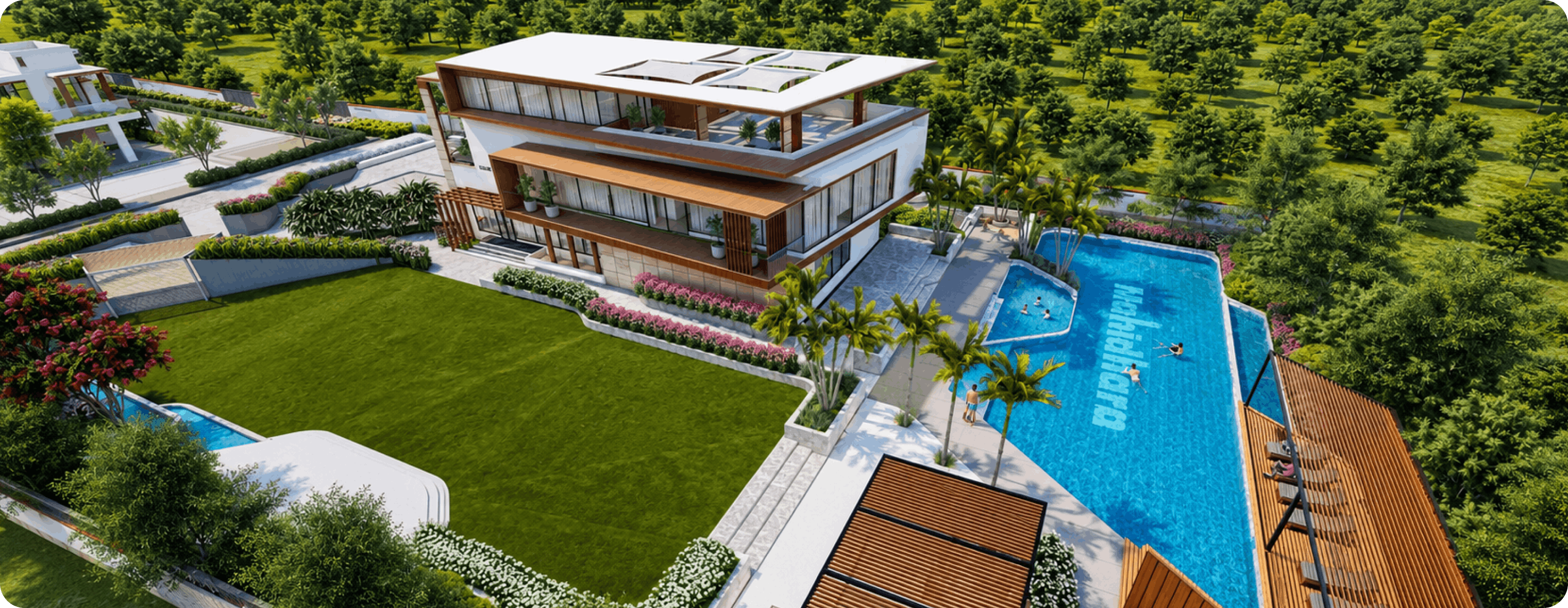 Aerial view of clubhouse and amenities at Mahidhara Harmony villa community